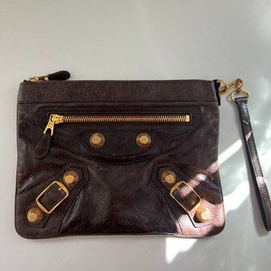 Authentic Argent Leather Balenciaga Wrislet Clutch Bag